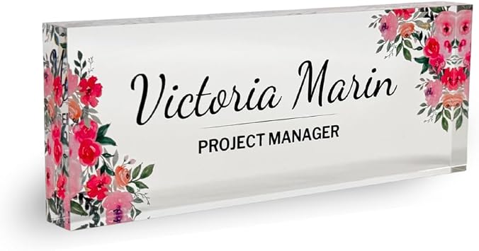 Customized Clear Acrylic Thick 8x3" Desk Name Plate Block - Professional Office Decor - Customized Acrylic Plate Gift for Teacher Co-workers Valentines Day Pinky Flowers