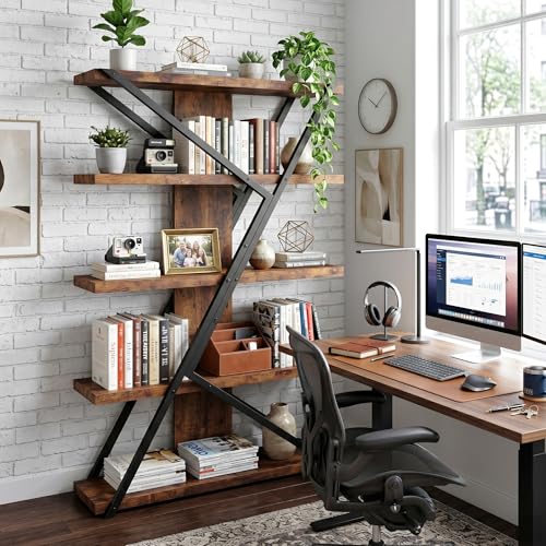 FUSUNBAO Industrial Bookshelf, Vintage 5-Tier Tall Bookcase with Wood and Metal Frame, Rustic Large Display Shelf for Home Office, 67" H x 47" L x 12" W, Rustic Brown