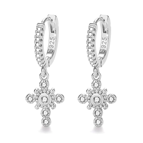 Lansora CZ Cross Dangle Hoop Earrings Huggie Hoops Silver Cross Pendant Drop Hinged Hoop Earrings with Cubic Zirconia