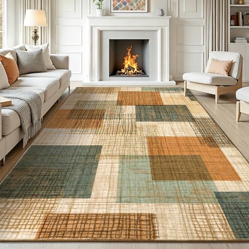 8x10 Washable Area Rug for Living Room Modern Geometric Patchwork Orange