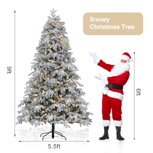 Image of FairyHaus Christmas Tree 9 ft, Prelit Flocked Christmas Tree with 10 Function Lights, Warm White & Multi-Colors, Easy Assembly, Hinged Christmas Trees Prelit with Metal Base, 650 Lights