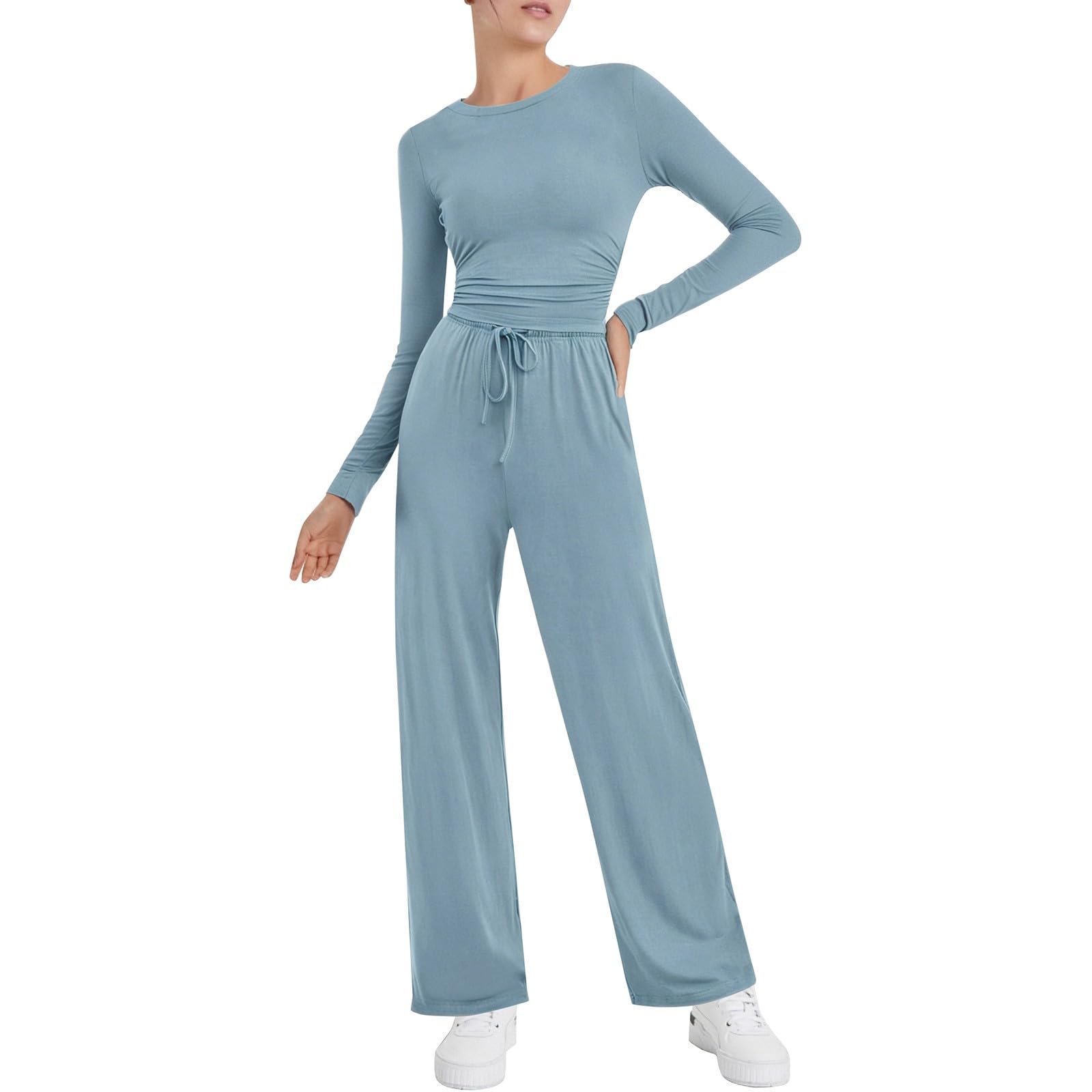 Loungewear - Pigiama da donna in due pezzi, elegante, slim fit, a maniche lunghe, con gamba larga, set da 2 pezzi, tuta da notte per il tempo libero