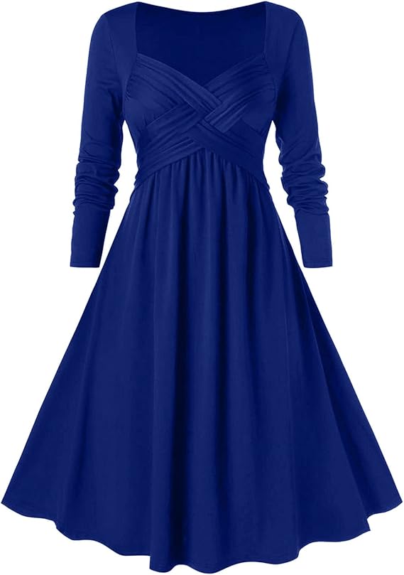 AMhomely Women Dresses for Special Occasions Sale Ladies Solid Color Dress Casual Long Sleeves Dresses V-Neck Gothic Retro Dark Midi Dress Clearance Elegant Party Cocktail Dress Wedding Guest Dresses