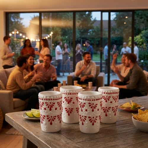 Image of Talavera Shot Glasses Set of 4 Authentic Mexican Tequila Shot Glasses - Hand-painted - 2 Oz (Cascada Sangria Red)