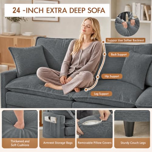 Image of 140.9 inch U-Shaped Modern Sofa Modular Sectional Cloud Couch with 2 Storage Ottoman Coffee Table, 4-Seat Corduroy Deep Seat Sofa with Throw Pillows for Living Room, Bedroom, Office, Grey