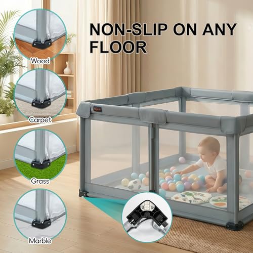 Image of Foldable Playpen with Detachable Thicken Mat,59x71 Inches Portable Playpen,Collapsible Play Pen for Babies and Toddlers,Indoor & Outdoor Baby Fence Play Area,Cold Gray