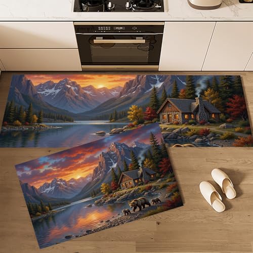 Alfombras de cocina lavables con diseño de oso al atardecer para un suelo cálido y acogedor 2