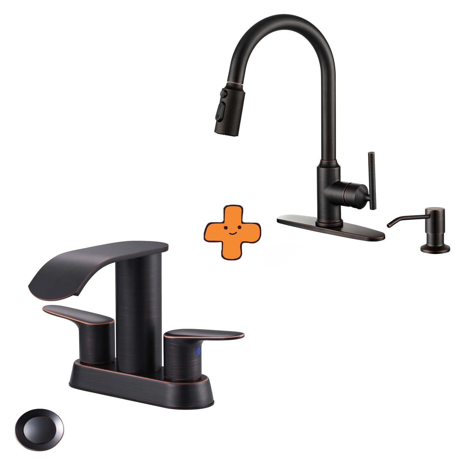 Jnfidosr Bronze Waterfall Bathroom Sink Faucet,Oil Rubbed Two Handles Bathroom Faucet And Kitchen Faucets With Pull Down Sprayer, Oil Rubbed Kitchen Faucet