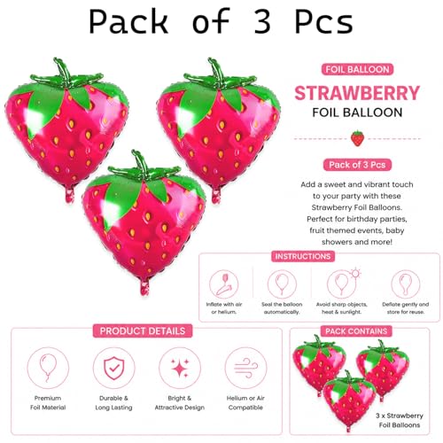 Image of Rozi Decoration Strawberry Foil Balloons Pack of 3 for Birthday Decorations, Fruit Theme Party Supplies, Strawberry Shape Foil Balloons for Kids Party, Baby Shower, Anniversary & Celebration Decor