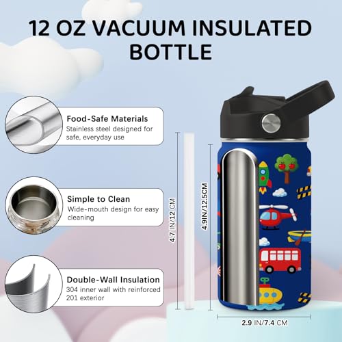 Image of Transportation Water Bottle, Stainless Steel Insulated Tumbler with Straw Lid and Handle, 12oz Reusable Leak-Proof Bottle for Sports