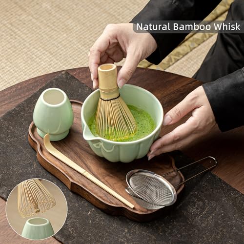 Matcha Whisk Set, Matcha Set Includes Ceramic Matcha Bowl, Bamboo Whisk, Scoop, Chasen Holder, Sifter - 5 Pcs Perfect Matcha Kit for Macha Lover (Emerald Green)