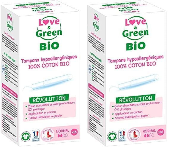 Love & Green BIO - Almohadillas hipoalergénicas con aplicador 'NORMAL' x 16 (Paquete de 2)
