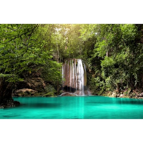 Image of Jungle Waterfall Aquarium Background Lush Green Rainforest Rocks Terrarium Background Falls Green Plants Natural Landscape Fish Tank Background Lake Stream Waterfall Reptile Background 72x24in