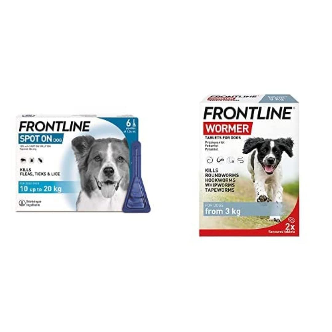Spot On Flea & Tick Treatment for Medium Dogs (10-20kg) - 6 Pipettes & FRONTLINE WORMER for Dogs - 2 Tablets
