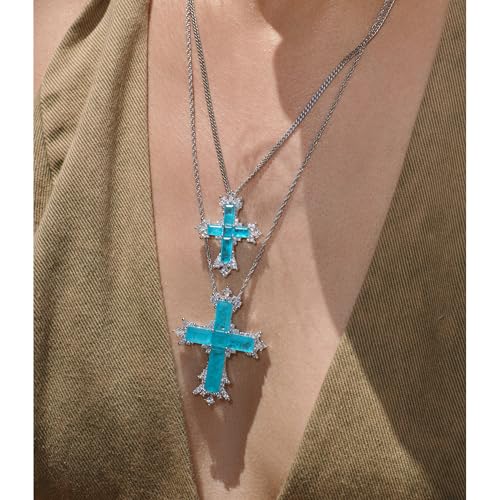 Paraiba Cross Necklace for Women, 24K Gold/Silver Plated Lucent Tide Cross Necklace CZ Pendant Trendy Cross Charm Chain Necklaces Religious Faith Jewelry Gift2