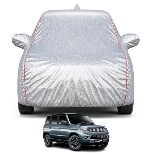 Image of Bolero Neo 2021-2026 Models100% Waterproof Car Cover for All Weather Protection Mirror & Antena Pocket Inner Cotton Triple Stitched Cover, Adjustable Belt Bottom Elastic (Metalic Silver)