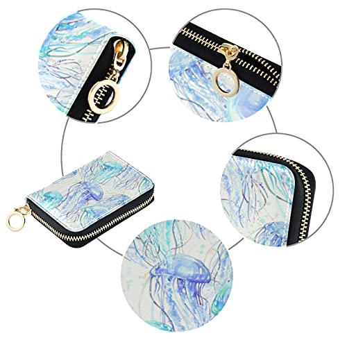 Watercolor Jellyfish Troquoise Blue Grey Credit Card Coin wallet, RFID Blocking Compact Women Leather Card Holder, Key Change Organizer, Zipper Purse Clutch Pouch Pocket3