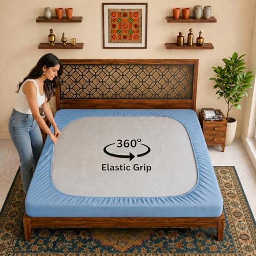 Image of Lithara Terry Cotton Fitted Mattress Protector for Single Bed | Waterproof & Elastic Band | Ultra Soft & Hypoallergenic Mattress Cover | Size : 36 x 80 Inches (3 x 6.67 Feet) | (Sky Blue)