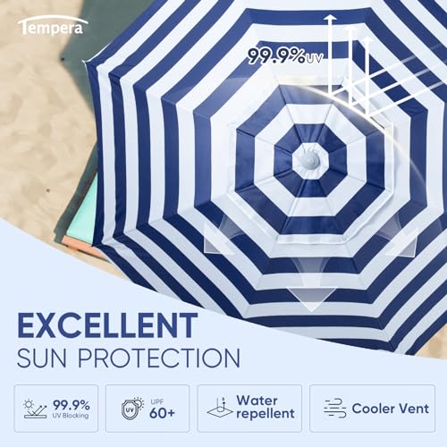 Image of Tempera Heavy Duty High Wind Beach Umbrella with Sand Anchor & Carry Bag | Patio Outdoor Umbrella with Aluminum Frame and Push Button Tilt, Ideal for Garden Lawn, UPF 60+