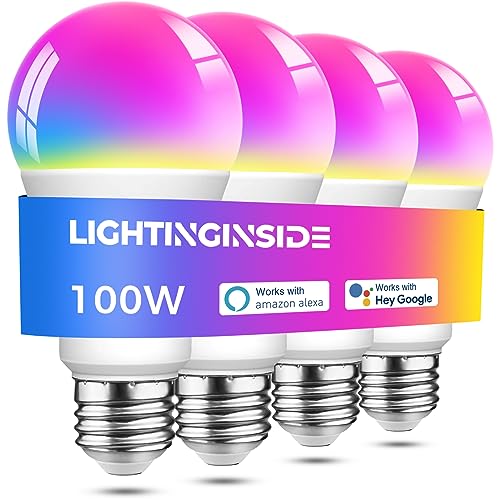 Smart Light Bulbs 100W Equivalent, 1300lm 11W A19 E26 WiFi Smart Bulb Works with Alexa and Google Assistant, 2700-6500K+RGB Color Changing Light Bulb, Dimmable, No Hub Required, 2.4GHz WiFi Only, 4PCS Smart Light Bulbs 100W Equivalent, 1300lm 11W A19 E26 WiFi Smart Bulb Works with Alexa and Google Assistant, 2700-6500K+RGB Color Changing Light Bulb, Dimmable, No Hub Required, 2.4GHz WiFi Only, 4PCS