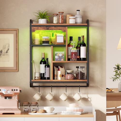 Image of HOOBRO Gaming Floating Shelves with LED Lights, 26.4 inch LED Wall Mounted Shelf, Modern Corner Shelf 3-Tier Display Rack for Wall Storage, Arched Design, for Living Room, Rustic Brown and Black BF44DBJ01