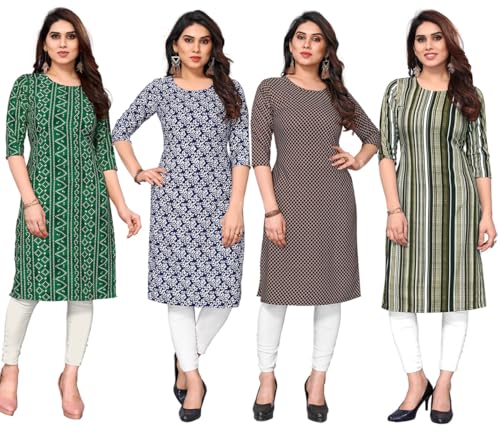 Image of JAKHANA Women's Crepe Printed Casual Straight Calf Length Round Nick Kurta Pack of 4