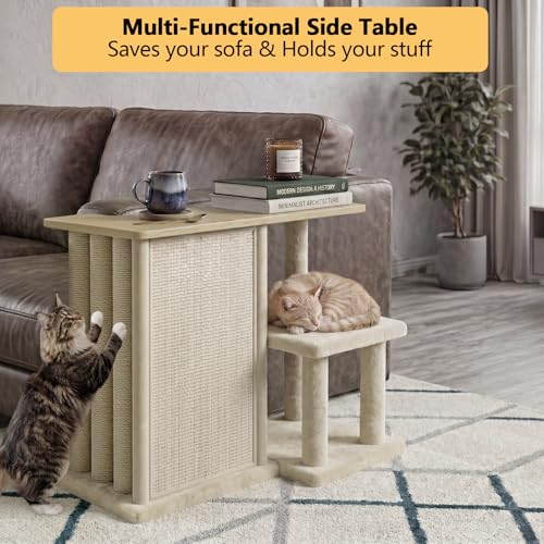 Image of Homegroove Cat Scratch Furniture Protector, 35.6''L Multi-Functional Cat Scratcher Side Table with Sisal Scratching Posts and Pad, Large Cat Couch Protector from Cat Claws for Living Room (Wood, Left)