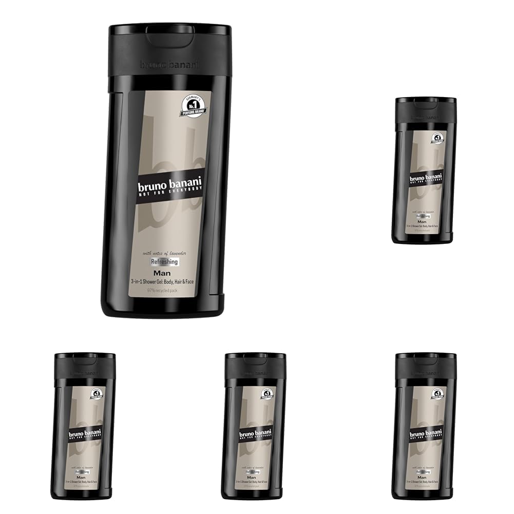 bruno banani Man 3-in-1 Shower Gel für Männer mit klassisch-maskulinem Amber-Fougère-Duft, 250 ml (Packung mit 5)