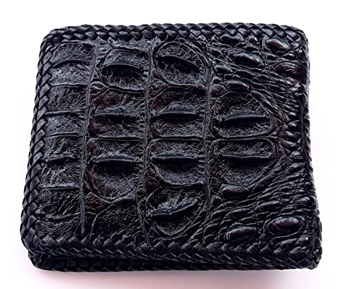 Julie Genuine Real Big Head Crocodile Skin Leather Man Bifold Knit Edges Black Wallet3