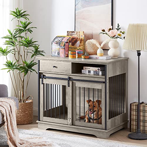 IchbinGo Dog Crate Furniture with Sliding Barn Door 35 Wooden Dog Kennel End Table with Drawer and Storage Rustic Style Decorative Dog House for SmallMedium Dog Easy Installation Grey