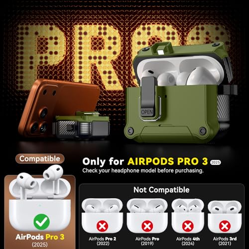 Image of Inesore for AirPods Pro 3 Case with Secure Lock (Dark Green) | Phone Stand Design,Compatible with MagSafe,Automatic Snap Switch Secure Cover with Cleaner Kit & Keychain