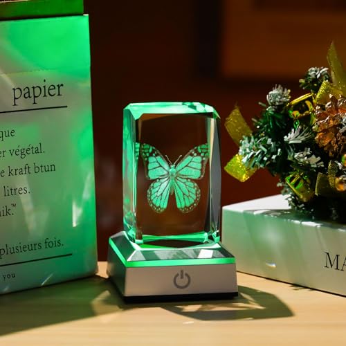 Image of 3D Crystal Butterfly for Mom Women or Men, Laser Etched Glass Butterfly Figurine Decor Stuff with Colorful LED Base Nature Lovers Keepsakes Paperweight Gifts for Birthday