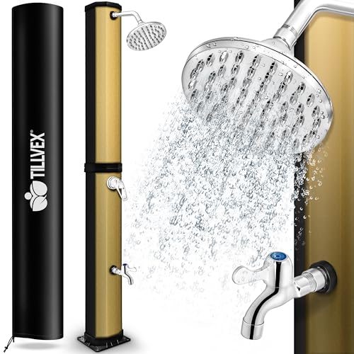 tillvex Ducha Solar con Cubierta Protectora | Ducha Solar de jardín Agua Caliente | Ducha de Piscina sin conexión eléctrica | con Grifo y Cabezal de Ducha de Lluvia (Negro/Oro, 60 litros)