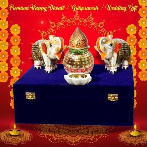 Premium Auspicious Marble Gift Box Set for Diwali, Weddings, Grihpravesh | Handcrafted Marble 2 Pcs Big Size 5" Elephants, Mangal Kalash, Shreephal, Diya (12x15 inch) — photo — 6 of 9