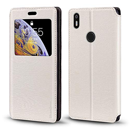 Shantime Sichtfenster-Lederhülle Kompatibel mit BQ Aquaris X, Elegantes Design mit Klarsichtanzeige, Unsichtbarem Magnetverschluss & Kartenfach(Weiß)