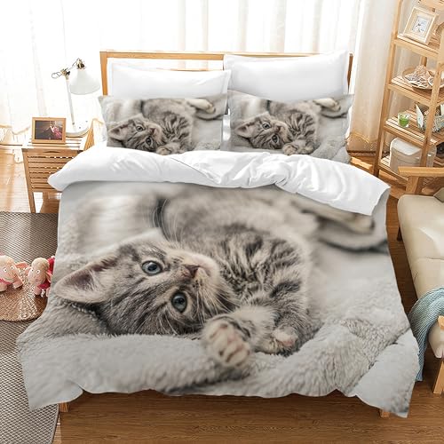 Parure de Lit 220x240 Enfant Animaux Chat Housse de Couette 1 Personne pour Ado Fille,Mignon...