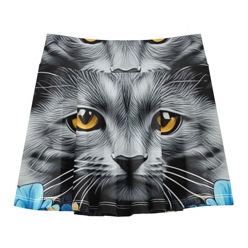 Funny Athletic Shorts Girls Skorts Tennis Skirts for Kids Flowy Skirt Cute Cat Blue Purple Flowers 4t