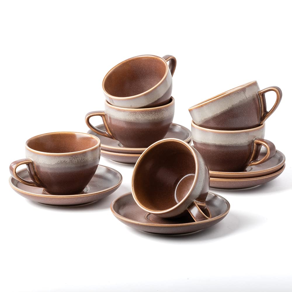 Porcelain Cappuccino Cups with Saucers, Tea Cups Set of 6，SIDUCAL 7.5 Ounce Ceramic Latte Mugs Cups 