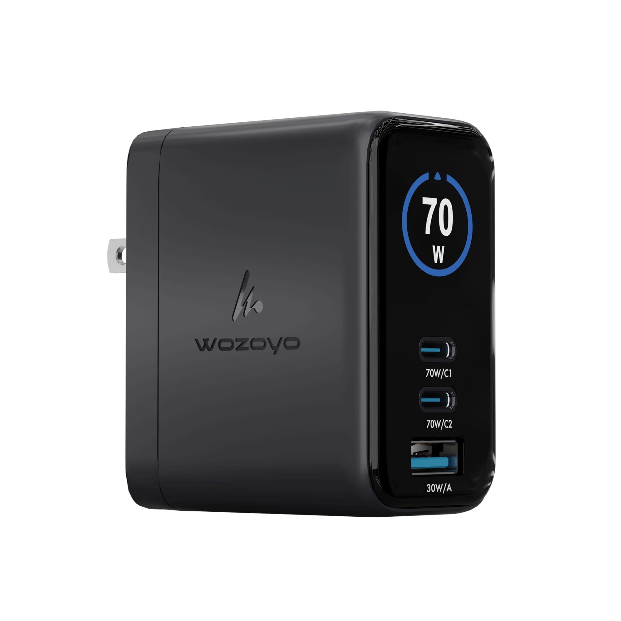 Wozoyo 70W Smart LED Wozoyo GaN Charger, 2XType-C & USB-A Superfast 2.0 Charging, Compatible For iPhone 17/16/16 Pro Max/15 Series/iPad Pro, Smartphones, Tablets And More, PD/PPS/QC 3.0,Compact Foldable Plug