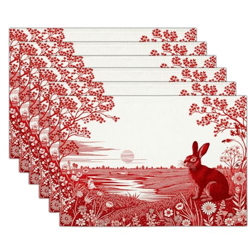 Juego de 2 Manteles Individuales Estilo De Corte De Papel Salvamantele Individuales de Lino Conejo Resistente Al Calor Antideslizantes para Cocina Decoración de Fiestas, Rojo