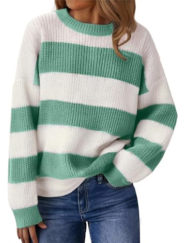 Image of Libsorge Womens Oversized Cute Lightweight Striped Sweater Spring Winter 2026 Trendy Ladies Dressy Casual Ribbed Waffle Knit Crew Neck Thin Long Sleeve Color Block Pullover Top Green S