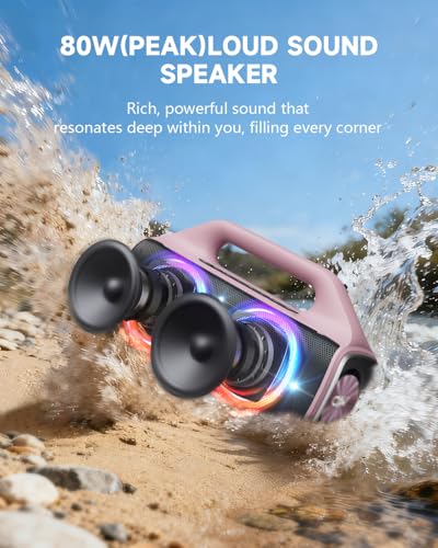 Image of IP67 Waterproof Bluetooth Speaker:80W(Peak) Loud Outdoor Portable Wireless Party Speakers with LED Lights,20H Playtime,Bluetooth 5.3,Deep Bass & TWS for Pool,Beach (Pink)