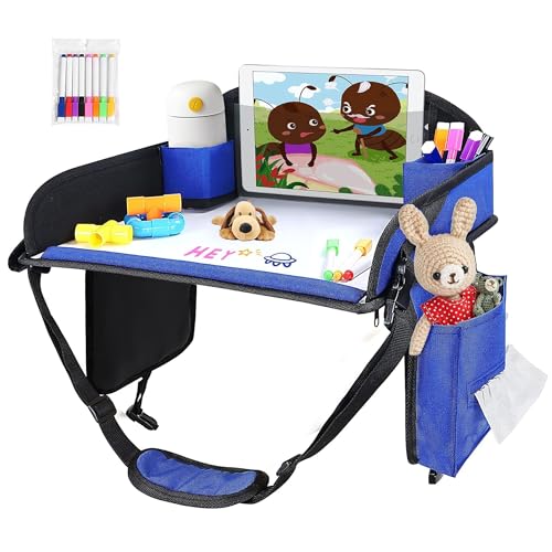 UTOLOVE Kids Travel Tray, Kids Travel Trays for Car Seat, Road Trip Essentials for Toddler, Carseat Lap Tray with Dry Erase Board & Storage Organizer for Road Trip Activities for Kid, Blue