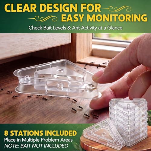 Image of Qualirey Ant Bait Stations Reusable (Bait NOT Included), Multi Surface Ant Killer Trap for Home Control for Indoor and Outdoor Roach Station for Common Household(Triangular,Clear,8 Set)