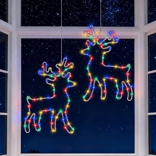 JYTGALX Weihnachts Rentier Lichterkette (2 Stück), 60 LEDs Bunt, 8...