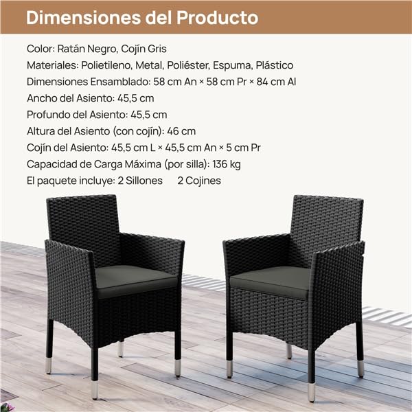 Yaheetech Set de 2 Sillones en Ratán y Acero, Muebles Jardín Exterior Resistentes a la Intemperie, Sillón para Conjunto Jardín Exterior, Cojines con Fundas Intercambiables (2, Negro/Gris)