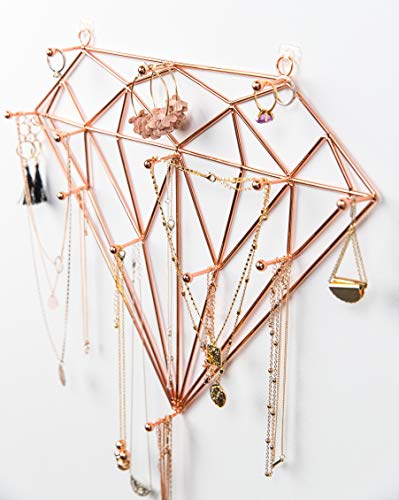 Ruby Mae Jewelry Wall Organizer | Diamond Rose Gold Jewelry Organizer for Necklaces, Bracelets, Earrings, Rings | Necklace Organizer with Large Jewelry Hooks | Hanging Jewelry Organizer Wall Mounted