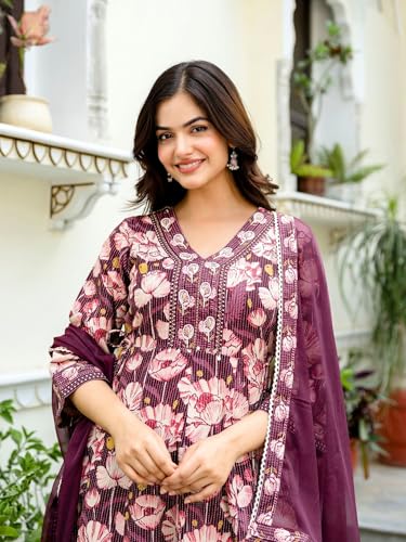 Image of Pure Cotton Anarkali Kurta Set for Women with Dupatta | 3 Piece Cotton Anarkali Suit | Floral Aari Work | Flared Ethnic Wear