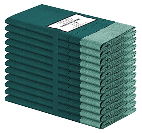 Cotton Clinic Set of 12 Hemstitch Cloth Napkins 100% Cotton 20X20 inches - Ultra Soft Absorbent Restaurant Hotel Quality - Cocktail Napkins Wedding Dinner Napkins - Washable Cloth Napkins Teal Green