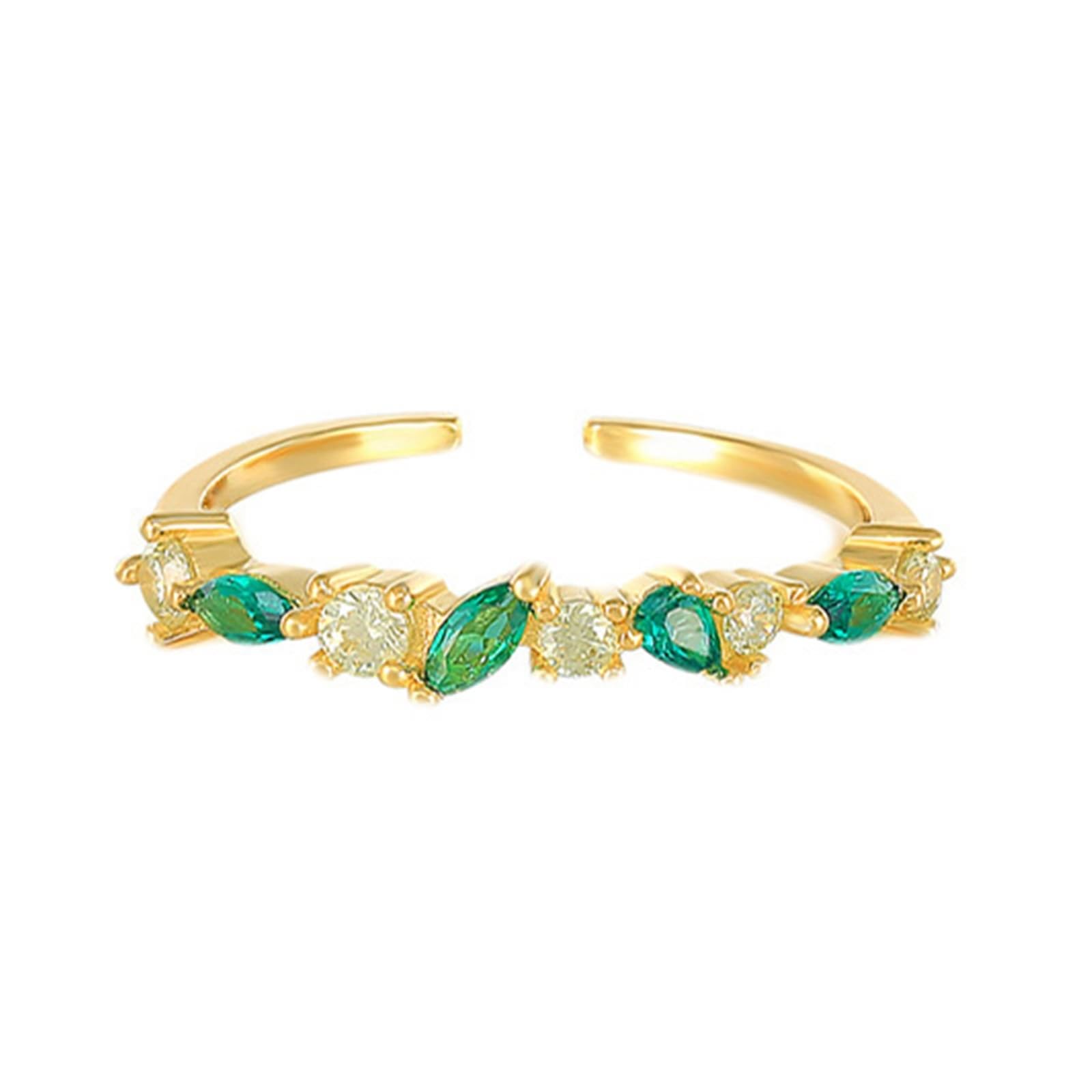 Anillo de oro amarillo de 9 K/14 K para mujer, verde esmeralda artificial, ajustable, apilable, anillo abierto, anillo para pareja, anillo peridoto para mujer